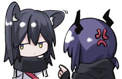 Rule 34 | 2girls, anger vein, animal ear fluff, animal ears, arknights, black capelet, black hair, blue hair, capelet, ch&#039;en (arknights), chibi, chinese commentary, closed mouth, commentary request, dragon horns, ear wiggle, hibioes, highres, horns, jacket, long hair, multiple girls, pointing, texas (arknights), white jacket, wolf ears, yellow eyes