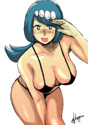 Rule 34 | 1girl, :d, absurdres, arm between legs, bare arms, bikini, black bikini, blue eyes, blue hair, blush, breasts, bright pupils, chouku tetsushitsuiwa, cleavage, collarbone, creatures (company), game freak, hair ornament, hand up, heart, highres, lana&#039;s mother (pokemon), large breasts, leaning forward, looking at viewer, mature female, medium hair, nintendo, open mouth, palms, pokemon, pokemon (anime), pokemon sm (anime), ponytail, salute, shiny skin, signature, simple background, smile, solo, sweatdrop, swept bangs, swimsuit, thighs, twitter username, white background, white pupils