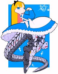 Rule 34 | 1girl, apron, blonde hair, blue background, blue dress, blue eyes, border, dress, frilled dress, frills, from behind, full body, hand up, highres, iwako (eiken3kyuboy), long hair, long sleeves, looking at viewer, looking back, mechanical legs, mechanical tail, original, outside border, petticoat, simple background, solo, sparkle, standing, straight hair, tail, white apron, white border