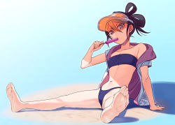 Rule 34 | 1girl, absurdres, bare shoulders, bikini, black hair, bleach, breasts, food, foreshortening, hair between eyes, has bad revision, has downscaled revision, hat, highres, jacket, kuchiki rukia, long hair, looking at viewer, md5 mismatch, navel, onimoti, popsicle, purple eyes, resolution mismatch, short hair, small breasts, solo, source smaller, swimsuit