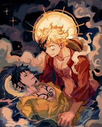 Rule 34 | 2boys, black hair, blush, chest tattoo, closed eyes, cloud hair, commentary request, curly eyebrows, demorzel, denim, earrings, facial hair, facial scar, gear fifth, goatee, hand on another&#039;s head, hat, highres, jeans, jewelry, looking at viewer, male focus, monkey d. luffy, multiple boys, one piece, open clothes, pants, partially submerged, red shirt, scar, scar on cheek, scar on chest, scar on face, shirt, short hair, smile, straw hat, sun, tattoo, trafalgar law, unworn hat, unworn headwear, water, yaoi, yellow shirt