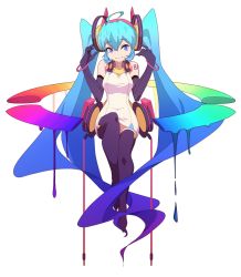 Rule 34 | 1girl, absurdres, ahoge, bare shoulders, blue hair, breasts, collarbone, commentary request, dress, elbow gloves, gloves, gradient hair, hair between eyes, hair ornament, hands up, hatsune miku, headgear, highres, looking at viewer, medium breasts, multicolored hair, parted lips, purple eyes, purple gloves, purple hair, purple thighhighs, rainbow order, simple background, sitting, sleeveless, sleeveless dress, smile, solo, sunligh mao, thighhighs, twintails, vocaloid, white background, white dress