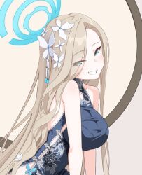 Rule 34 | 1girl, absurdly long hair, alternate costume, asuna (blue archive), black footwear, blue archive, blue dress, blue eyes, breasts, brown hair, china dress, chinese clothes, clenched teeth, commentary request, dress, flower, grey background, hair flower, hair ornament, halo, large breasts, legs, long hair, looking at viewer, sando (dukedevil), shoes, simple background, sitting, smile, solo, teeth, very long hair