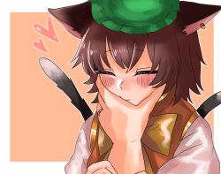 Rule 34 | 1boy, 1girl, animal ears, bow, brown hair, cat ears, cat tail, chen, closed eyes, earrings, green headwear, hat, heart, hetero, highres, jewelry, kashiwara mana, multiple girls, multiple tails, nekomata, pov, pov hands, ring, single earring, solo focus, tail, touhou, two tails