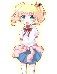 Rule 34 | 10s, 1girl, :d, alice cartelet, blonde hair, blue eyes, clothes around waist, hair ornament, kin-iro mosaic, miiyon, open mouth, smile, solo, sweater, sweater around waist, twintails