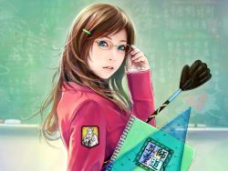 Rule 34 | 1girl, blue eyes, board eraser, brown hair, chalkboard, chinese text, eat, eat0123, glasses, highres, long hair, nail polish, notebook, photorealistic, pink nails, realistic, ruler, solo, teacher