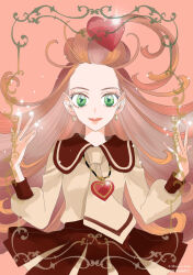 1girl anno_moyoco chocolat_meilleure closed_mouth commentary_request earrings floating_hair green_eyes hair_ornament heart heart_hair_ornament heart_pendant highres jewelry long_hair looking_at_viewer necktie orange_background orange_hair school_uniform simple_background skirt smile solo sparkle sugar_sugar_rune very_long_hair