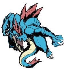 Rule 34 | bad id, bad twitter id, claws, commentary request, creatures (company), feraligatr, fukurou (owl222), full body, game freak, gen 2 pokemon, gen 3 pokemon, highres, inactive account, nintendo, no humans, no pupils, pokemon, pokemon (creature), sharp teeth, simple background, solo, spikes, teeth, white background