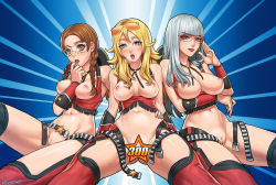Rule 34 | 3girls, blonde hair, bottomless, braid, breasts, brown hair, censored, chaps, elite beat agents, elite beat divas, foxx, fringe trim, glasses, goggles, large breasts, medium breasts, missy, multiple girls, nipples, novelty censor, pussy, silver hair, speh, starr, sunglasses, topless, twin braids, uncensored, watermark, web address
