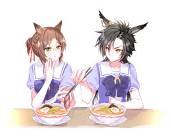 2girls, air shakur (umamusume), animal ears, bangs, black hair, bow, bowl, bowtie, brown hair, chinese spoon, chopsticks, closed mouth, clover hair ornament, egg, eye contact, eyebrow piercing, fine motion (umamusume), food, green eyes, hair bun, hair ornament, hand on own cheek, hand on own face, holding, holding chopsticks, holding spoon, horse ears, long hair, looking at another, multicolored hair, multiple girls, noodles, parted bangs, piercing, pork, puffy short sleeves, puffy sleeves, purple bow, purple bowtie, ramen, romi (346 ura), sailor collar, school uniform, short sleeves, simple background, sitting, spoon, table, tracen school uniform, two-tone hair, umamusume, upper body, white background, yellow eyes