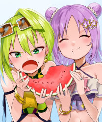 Rule 34 | 2girls, absurdres, alina gray, alina gray (swimsuit costume), bare shoulders, bikini, blush, chewing, closed eyes, earrings, eating, food, food on face, frilled bikini, frills, fruit, green eyes, green hair, hair between eyes, hair bun, hair ornament, highres, holding, jewelry, magia record: mahou shoujo madoka magica gaiden, mahou shoujo madoka magica, mamadasky, misono karin, misono karin (swimsuit costume), multiple girls, open mouth, parted bangs, ponytail, purple hair, star (symbol), star hair ornament, sunglasses, swimsuit, watermelon, watermelon slice, yellow bikini