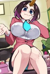 Rule 34 | 1girl, absurdres, black skirt, blue eyes, bongfill, breasts, closed mouth, collared shirt, elma (maidragon), hand on own cheek, hand on own face, highres, horns, kobayashi-san chi no maidragon, large breasts, looking at viewer, necktie, shirt, single horn, sitting, skirt, solo, white shirt, wing collar