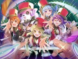 5girls :d ;d bang_dream! bass_guitar blonde_hair blue_hair drumsticks fang gameplay_mechanics guitar hair_between_eyes hello_happy_world! highres holding holding_drumsticks holding_instrument holding_phone instrument kitazawa_hagumi long_hair looking_at_viewer matsubara_kanon michelle_(bang_dream!) multiple_girls one_eye_closed open_mouth orange_eyes orange_hair phone pointing pointing_at_viewer ponytail purple_eyes purple_hair red_hair seta_kaoru shifo_514 short_hair smile sparkle tsurumaki_kokoro upper_body yellow_eyes