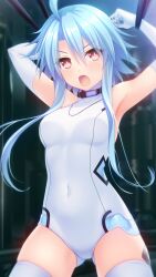 Rule 34 | 1girl, armpits, bare shoulders, blue hair, blush, breasts, collar, covered navel, elbow gloves, gloves, hair between eyes, highres, irori (irorixc), leotard, light blue hair, looking at viewer, neptune (series), open mouth, power symbol, power symbol-shaped pupils, red eyes, short hair with long locks, skindentation, small breasts, solo, symbol-shaped pupils, thighhighs, white gloves, white heart (neptunia), white leotard, white thighhighs