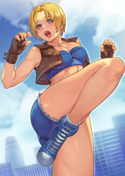 Rule 34 | 1girl, ass, blonde hair, blush, breasts, capcom, cleavage, denim, denim shorts, final fight, final fight 3, fingerless gloves, gloves, highres, large breasts, legs, lucia morgan, midriff, open mouth, seed01010, shiny skin, shoes, short hair, shorts, sneakers, strapless, street fighter, street fighter v, thick thighs, thighs, tube top, vest