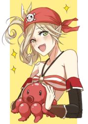 Rule 34 | 1girl, bandana, bare shoulders, bikini, blush, breasts, brown hair, detached sleeves, fang, feathers, green eyes, magilou (tales), octopus, pirate, pointy ears, short hair, sparkle, striped bikini, striped clothes, swimsuit, tales of (series), tales of berseria, yellow background