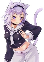 Rule 34 | 1girl, :3, absurdres, ahoge, animal ear fluff, animal ears, black choker, black shirt, blush, breasts, buttons, cat ears, cat tail, choker, closed mouth, commentary, cowboy shot, dark fuu, double-breasted, hairband, highres, hololive, long sleeves, looking at viewer, medium breasts, midriff, navel, nekomata okayu, nekomata okayu (casual), purple eyes, purple hair, sailor collar, school uniform, serafuku, shirt, short hair, short shorts, shorts, simple background, smile, solo, tail, virtual youtuber, white background, white neckwear, white shorts