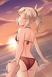 Rule 34 | absurdres, ass, back, beach, bikini, blonde hair, breasts, cloud, evening, fate/grand order, fate (series), green eyes, highres, holding hands, looking at viewer, mordred (fate), ocean, one eye closed, orange sky, pendreon, ponytail, pov, pov hands, red bikini, sand, scrunchie, side-tie bikini bottom, sky, small breasts, smile, star (sky), sun, sunset, swimsuit, water, wink
