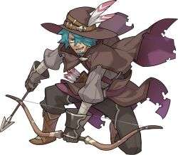 Rule 34 | 1boy, aqua hair, arrow (projectile), artist request, bags under eyes, bandaged arm, bandages, beard, belt, black eyes, black pants, boots, bow (weapon), brown cape, brown footwear, brown hat, cape, facial hair, full body, gloves, grey gloves, grey shirt, hair over one eye, half-closed eyes, happy, hat, hat belt, hat feather, highres, holding, holding arrow, holding bow (weapon), holding weapon, keylos (world flipper), knee boots, kneeling, long sleeves, looking at viewer, male focus, non-web source, official art, on one knee, open mouth, pants, puffy sleeves, quiver, shirt, short hair, sidelocks, simple background, smile, solo, teeth, torn cape, torn clothes, transparent background, two-sided cape, two-sided fabric, weapon, wizard hat, world flipper