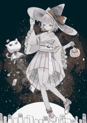 Rule 34 | 1girl, boots, bow, candy, cat, closed mouth, fish, floating, food, frilled sleeves, frills, full body, grey hair, halloween, hat, hat bow, highres, holding, japanese clothes, kimono, lollipop, long sleeves, moon, obi, original, oseto (oxxsexxto), painting (medium), pale skin, pleated skirt, red bow, sash, short hair, skirt, sky, solo, star (sky), traditional media, watercolor (medium), wide sleeves, witch hat