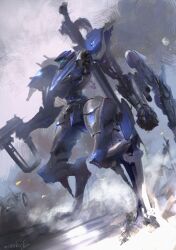 Rule 34 | arm blade, armored core, armored core 6, blue eyes, clenched hand, commentary request, dust cloud, emblem, from side, full body, glowing, glowing eyes, gun, highres, holding, holding gun, holding weapon, mecha, mecha focus, miso katsu, no humans, reverse-jointed legs, robot, signature, solo, standing, steel haze, v.iv rusty, weapon