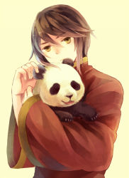Rule 34 | 1boy, animal, axis powers hetalia, bad id, bad pixiv id, brown hair, changpao, chinese clothes, choke (amamarin), expressionless, head tilt, hong kong (hetalia), hug, looking at viewer, male focus, panda, sepia background, sidelocks, simple background, solo, tongue, tongue out, wide sleeves, yellow eyes