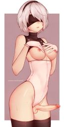 Rule 34 | 1futa, 2b (nier:automata), bare shoulders, black thighhighs, blindfold, bluefield, breasts, erection, facing viewer, futanari, gloves, grey hair, hair over one eye, hairband, hands on own chest, has bad revision, has censored revision, highres, leotard, long hair, medium breasts, nier:automata, nier (series), nipples, penis, precum, short hair, simple background, smile, solo, testicles, thighhighs, uncensored, white gloves