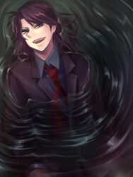Rule 34 | 1boy, black jacket, blazer, brown eyes, brown hair, collared shirt, commentary request, eyelashes, formal, grey shirt, ichijou seiya, jacket, kaiji, long hair, long sleeves, looking at viewer, male focus, necktie, open mouth, parted bangs, partially submerged, red necktie, ripples, shirt, smile, solo, suit, teeth, upper body, upper teeth only, water, yattume