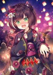 Rule 34 | 1girl, animal ear fluff, animal ears, black gloves, black hair, black kimono, blush, braid, cat ears, cat girl, cat tail, fang, fingernails, floral print, flower, frilled sleeves, frills, gloves, green eyes, hair between eyes, hair flower, hair ornament, hatsumoude, highres, japanese clothes, karyl (new year) (princess connect!), karyl (princess connect!), kimono, lantern, long hair, long sleeves, looking at viewer, multicolored hair, new year, night, night sky, nose blush, obi, open mouth, out of frame, outdoors, princess connect!, print kimono, red flower, ribbon, ringlets, sash, sky, sleeves past wrists, solo focus, star (sky), starry sky, streaked hair, suzunone rena, tail, tail ornament, tail raised, tail ribbon, textless version, v-shaped eyebrows, wavy mouth, white flower, white hair, wide sleeves, yellow ribbon