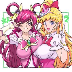 2girls aged_up alternate_breast_size asahina_mirai blonde_hair breast_on_breast breasts brooch commentary_request corset cure_dream cure_miracle earrings flower frilled_sleeves frills gloves grin hat highres in-franchise_crossover jewelry kenchi kibou_no_chikara_~otona_precure_&#039;23~ large_breasts long_hair looking_at_viewer magical_girl mahou_girls_precure! mahou_girls_precure!!_~mirai_days~ mini_hat multiple_girls one_eye_closed open_mouth pink_eyes pink_hair precure purple_eyes rose short_sleeves smile twintails v witch_hat yes!_precure_5 yes!_precure_5_gogo! yumehara_nozomi