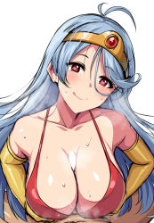Rule 34 | 1boy, 1girl, :q, ahoge, bikini, blue hair, breast hold, breasts, brown gloves, censored, circlet, clothed female nude male, dragon quest, dragon quest iii, gloves, horosuke, large breasts, long hair, looking at viewer, nude, paizuri, penis, pov, red bikini, red eyes, sage (dq3), simple background, smile, square enix, swimsuit, tongue, tongue out, white background