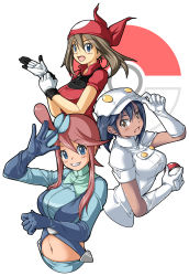 Rule 34 | 3girls, adjusting clothes, adjusting gloves, aether foundation employee, aether foundation employee (female), black hair, blush, breasts, cabbie hat, creatures (company), cropped torso, dark-skinned female, dark skin, game freak, gloves, hat, highres, large breasts, looking at viewer, may (pokemon), midriff, multiple girls, navel, nintendo, open mouth, pokemon, pokemon bw, pokemon rse, pokemon sm, short hair, short sleeves, skyla (pokemon), smile, tanbe, tank top, upper body, white gloves, white headwear