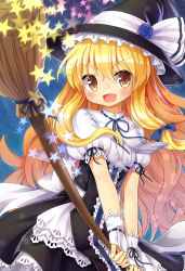 Rule 34 | &gt;:d, 1girl, :d, blonde hair, blush, bow, broom, brown eyes, dress, female focus, hair bow, hat, highres, kirisame marisa, long hair, nail polish, open mouth, silveroid, smile, solo, star (symbol), touhou, v-shaped eyebrows, witch hat, yellow eyes