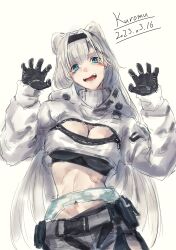 Rule 34 | 1girl, :d, absurdres, animal ears, arknights, artist name, aurora (arknights), bear ears, black gloves, black hairband, black shirt, blue eyes, breasts, claw pose, cleavage, cleavage cutout, clothing cutout, commentary request, crop top, cropped jacket, dated, gloves, grey background, grey hair, grey pants, hairband, hands up, highres, jacket, kuromu, large breasts, long hair, long sleeves, looking at viewer, midriff, navel, open mouth, pants, shirt, signature, simple background, smile, solo, stomach, upper body, very long hair, white jacket