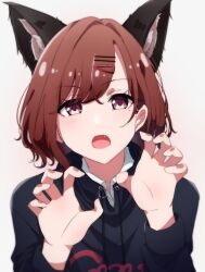 Rule 34 | 1girl, absurdres, animal ears, brown background, brown hair, claw pose, commentary request, dog ears, fang, hair ornament, hairclip, highres, higuchi madoka, idolmaster, idolmaster shiny colors, looking at viewer, mole, mole under eye, purple eyes, reikakrzk, short hair, solo, sweater, swept bangs, upper body