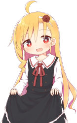 Rule 34 | :d, ahoge, ayanepuna, black dress, blonde hair, blush, collared shirt, commentary request, copyright request, dress, flower, frilled dress, frills, hair between eyes, hair flower, hair ornament, hairband, highres, long hair, long sleeves, looking at viewer, multicolored hair, neck ribbon, open mouth, purple hair, red eyes, red flower, red ribbon, red rose, ribbon, rose, shirt, simple background, skirt hold, sleeveless, sleeveless dress, sleeves past wrists, smile, solo, two-tone hair, very long hair, white background, white hairband, white shirt