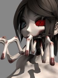Rule 34 | 1girl, 3d, aqua eyes, brown hair, calne ca (deino), chelicerae, close-up, collarbone, colored skin, compound eyes, creepy, deino (deino3330), finger in own mouth, fingersmile, grey skin, heterochromia, highres, looking at viewer, nail polish, red eyes, shadow, short hair, solo, teeth, zombie