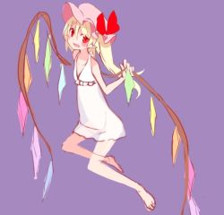 Rule 34 | 1girl, alternate costume, bare legs, bare shoulders, barefoot, dress, flandre scarlet, full body, hakaisin-k, hat, hat ribbon, long hair, looking at viewer, mob cap, pointy ears, purple background, red eyes, red ribbon, ribbon, see-through, short dress, side ponytail, simple background, skinny, solo, touhou, white dress, wings