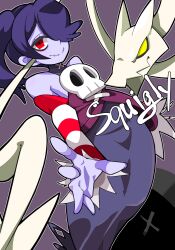 Rule 34 | 1girl, blue hair, blue skin, blush, character name, colored skin, detached collar, detached sleeves, dress, hair over one eye, highres, leviathan (skullgirls), outstretched hand, purple background, red eyes, skullgirls, smile, solo, squigly (skullgirls), stitched mouth, stitches, striped sleeves, yaki usagi