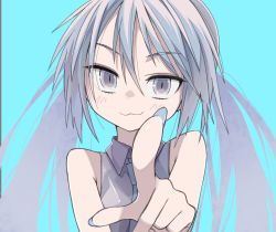 Rule 34 | 1girl, :3, aqua background, blue eyes, blue hair, foreshortening, hatsune miku, highres, icon 315, necktie, pointing, pointing at viewer, simple background, sleeveless, smug, solo, twintails, upper body, vocaloid