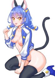 Rule 34 | :p, animal ears, black thighhighs, blue footwear, boots, braid, cat ears, cat tail, female pubic hair, groin, hair ornament, hairclip, highres, jacket, kuppipi ramutarou, looking at viewer, nipples, no bra, no panties, open clothes, open jacket, orange eyes, paid reward available, paw pose, precure, pubic hair, simple background, star twinkle precure, tail, thighhighs, tongue, tongue out, twin braids, twintails, white background, yuni (precure)