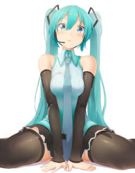 Rule 34 | 1girl, abmayo, aqua eyes, aqua hair, black thighhighs, detached sleeves, hatsune miku, headset, highres, long hair, looking at viewer, necktie, sitting, skirt, solo, thighhighs, twintails, very long hair, vocaloid, wariza, white background