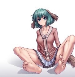 Rule 34 | 1girl, animal ears, bare legs, barefoot, breasts, collarbone, dress, eyebrows, feet, floppy ears, green eyes, green hair, hater (hatater), highres, kasodani kyouko, large breasts, looking at viewer, matching hair/eyes, miniskirt, short hair, simple background, sitting, skirt, skirt drape, soles, solo, spread legs, tail, thighs, toes, touhou, white background