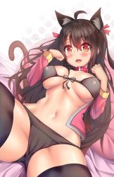 Rule 34 | 1girl, :o, ahoge, animal ear fluff, animal ears, arms up, ass, bikini, bikini top only, black bikini, black hair, black panties, black ribbon, blush, borrowed character, breasts, cameltoe, cat ears, cat girl, cleavage, collar, colored tips, commentary, copyright request, eyes visible through hair, fang, gradient eyes, gradient hair, hair between eyes, hair ribbon, highres, jacket, kaptivate, large breasts, long hair, looking at viewer, lying, multicolored eyes, multicolored hair, navel, on back, on bed, open clothes, open jacket, open mouth, orange eyes, panties, paw pose, pink collar, pink jacket, pink ribbon, red hair, ribbon, sidelocks, smile, solo, spread legs, swimsuit, symbol-shaped pupils, tagme, tail, tail ornament, tail ribbon, thighhighs, two-tone hair, underwear