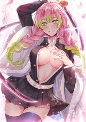 Rule 34 | 1girl, :&gt;, absurdres, belt, blush, braid, breasts, cleavage, commentary request, cowboy shot, eyes visible through hair, glint, gradient hair, green eyes, green hair, gu li, haori, highres, holding, holding sword, holding weapon, japanese clothes, kanroji mitsuri, kimetsu no yaiba, large breasts, long hair, long sleeves, looking at viewer, miniskirt, mole, mole under eye, multicolored hair, no bra, open clothes, pink hair, skirt, solo, standing, sword, thighhighs, twin braids, unbuttoned, uniform, weapon, white belt