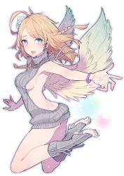 Rule 34 | 1girl, ahoge, angel wings, aran sweater, ass, backless dress, backless outfit, bad id, bad twitter id, bare back, bare shoulders, blonde hair, blue eyes, blush, bracelet, braid, breasts, butt crack, cable knit, dress, feathered wings, flower, full body, hair flower, hair ornament, halterneck, highres, jewelry, looking at viewer, medium breasts, meme attire, naked sweater, necklace, open mouth, original, outstretched arm, plantar flexion, ribbed sweater, sideboob, simple background, smile, solo, sweater, sweater dress, swept bangs, tajima ryuushi, teeth, turtleneck, turtleneck sweater, virgin killer sweater, white background, wings