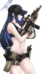 Rule 34 | 1girl, assault rifle, bare shoulders, baseball cap, black hat, black shirt, blue archive, blue eyes, blue hair, breasts, camouflage, cleavage, duplicate, fte (fifteen 199), geissele urg-i, glock, gloves, gun, halo, handgun, hat, headphones, highres, holding, holding gun, holding weapon, holster, long hair, m4 carbine, medium breasts, navel, rifle, saori (blue archive), shirt, simple background, sleeveless, sleeveless shirt, solo, thigh holster, thighs, trigger discipline, weapon, white background