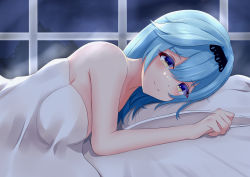 Rule 34 | 1girl, absurdres, bare arms, bare shoulders, bed, bed sheet, breasts, completely nude, eula (genshin impact), genshin impact, half-closed eyes, highres, karu (karusenpai), looking at viewer, medium breasts, medium hair, night, nude, on bed, pillow, seductive smile, smile, solo, window, yellow eyes
