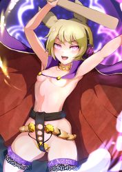 Rule 34 | 1girl, absurdres, blonde hair, breasts, brown hair, cape, choker, earmuffs, gluteal fold, gold, gold choker, headphones, highres, light brown hair, looking at viewer, maruhage p, navel, pink eyes, pointy hair, purple cape, ritual baton, sheath, short hair, small breasts, smile, solo, thighhighs, thighs, touhou, toyosatomimi no miko
