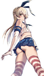 Rule 34 | 1boy, ass, black neckerchief, black panties, blonde hair, blue sailor collar, blue skirt, bulge, crop top, crossdressing, elbow gloves, gloves, hairband, highleg, highleg panties, highres, kantai collection, long hair, looking at viewer, looking back, male focus, microskirt, neckerchief, panties, parted lips, pleated skirt, sailor collar, shimakaze-kun, shimakaze (kancolle), simple background, skindentation, skirt, solo, striped clothes, striped thighhighs, sweat, thighhighs, thong, trap, underwear, white background, white gloves, yellow eyes, yoruhachi